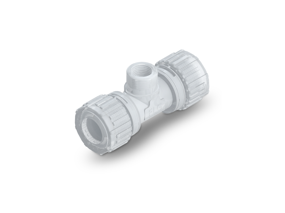 Angle fitting made of PFA with 90-degree bend, Nexus Connect and NPT thread, temperature and pressure resistant, with gauge ring.