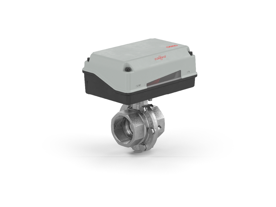 Válvula borboleta operada eletricamente feita de aço inoxidável com rosca interna e indicador de status - ideal para processos químicos, de tratamento de água e industriais.
