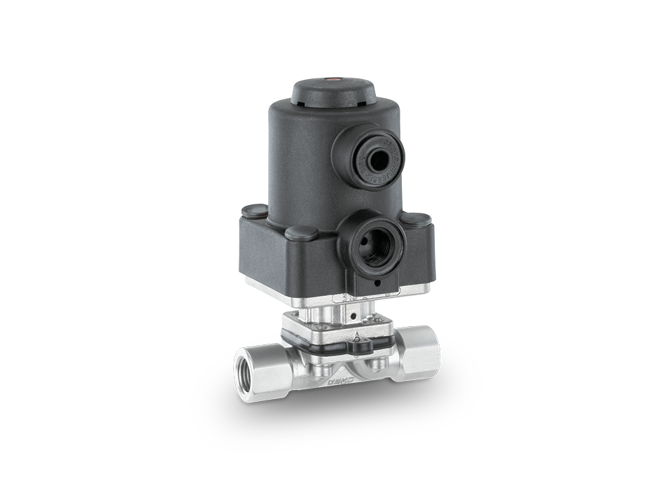 Pneumatically operated diaphragm valve made of stainless steel with female thread connections – ideal for the pharmaceutical, biotechnology, and food industries.