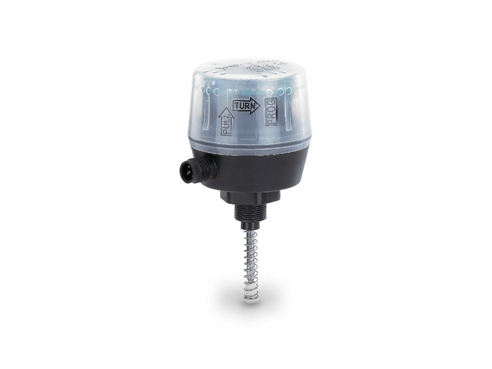 Position indicator with transparent cover, electrical interface, and actuating rod for monitoring valve position in industrial applications.