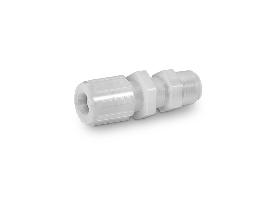 White plastic hose connector with external thread and hexagon for industrial hose connections in chemically demanding applications.,White plastic hose connector with external thread and hexagon for industrial hose connections in chemically demanding appli