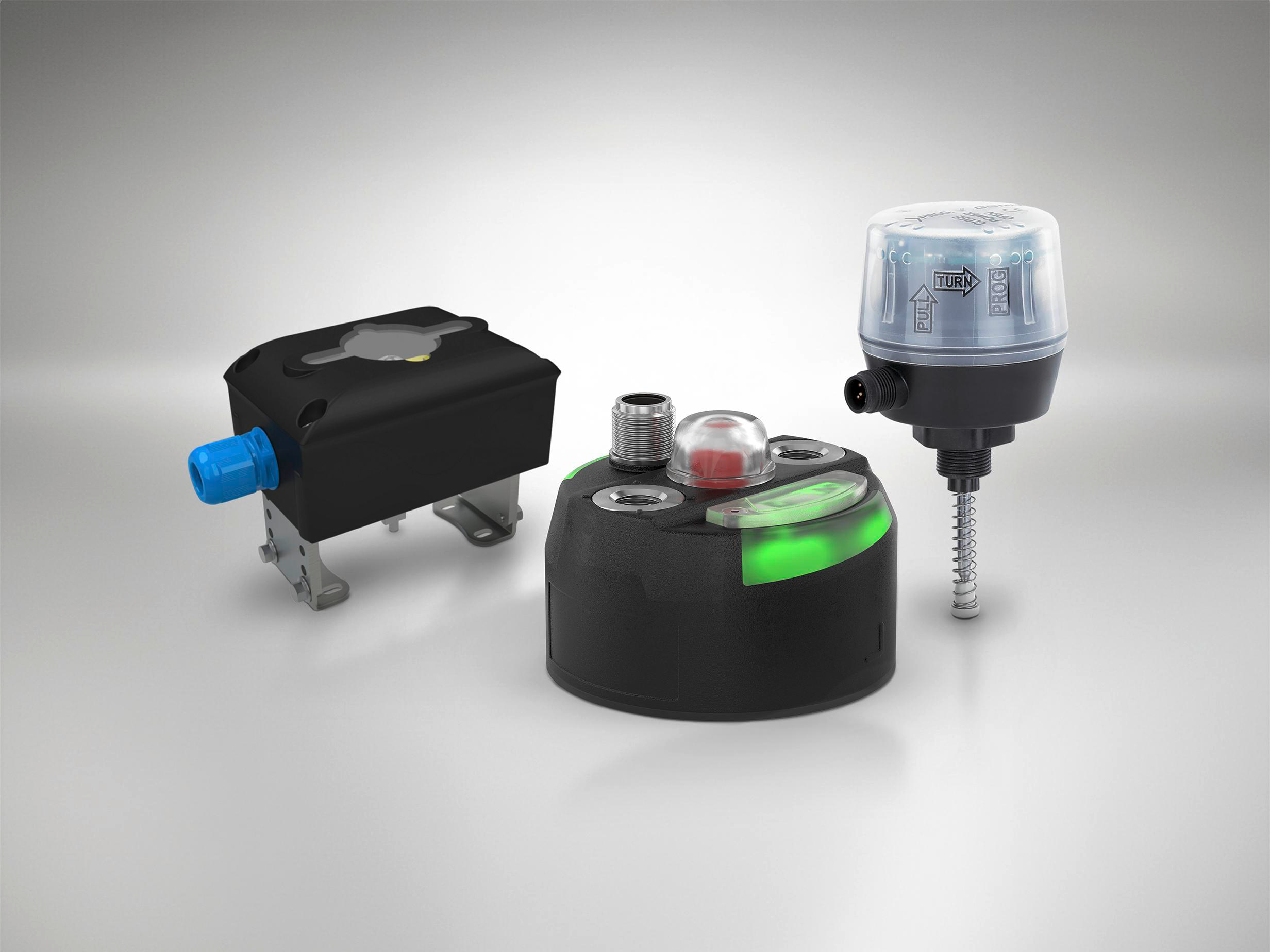 Three GEMÜ components for feedback and control of valve positions.