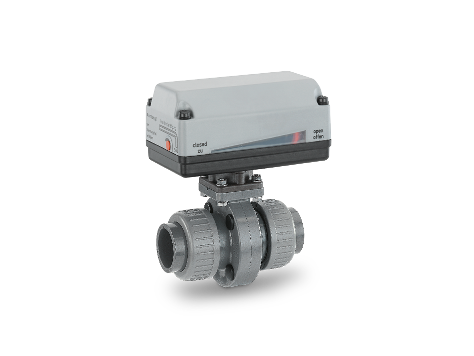 Válvula borboleta de plástico operada eletricamente com indicador de status e porcas de união - ideal para tratamento de água, produtos químicos e automação industrial.