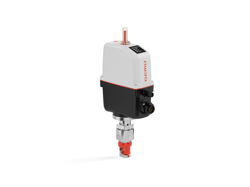 Elektrisches Schlauchquetschventil mit weiß-schwarzem Antrieb und rotem Quetschmechanismus für präzise Steuerung empfindlicher Medien in industriellen Anwendungen.