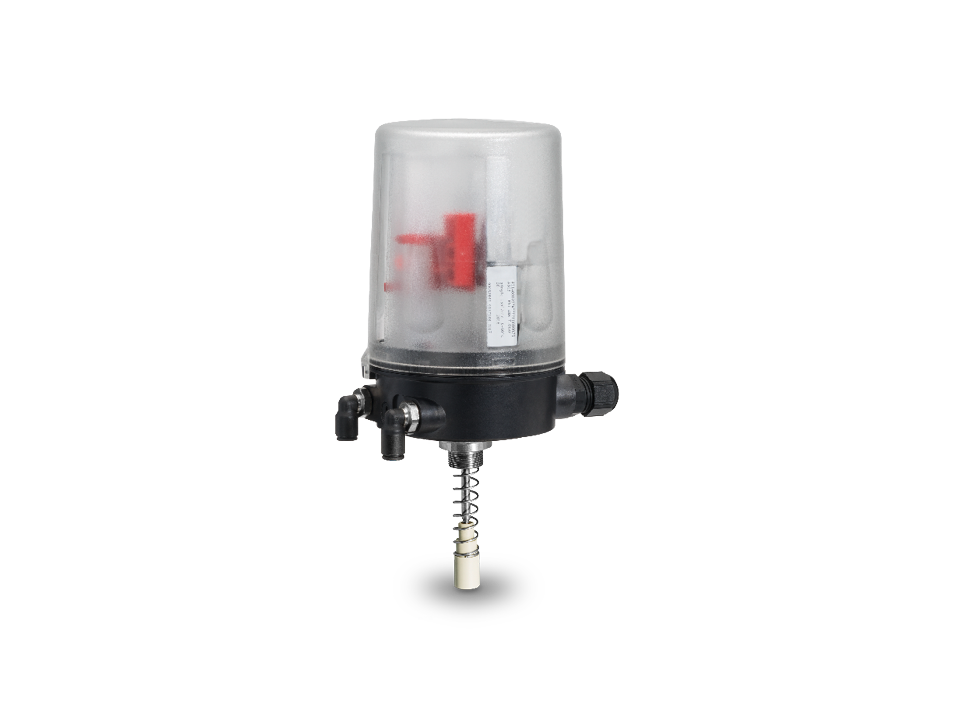 Valve connection with translucent cover, pneumatic and electrical connections, and actuating rod for the automation of industrial valve systems.