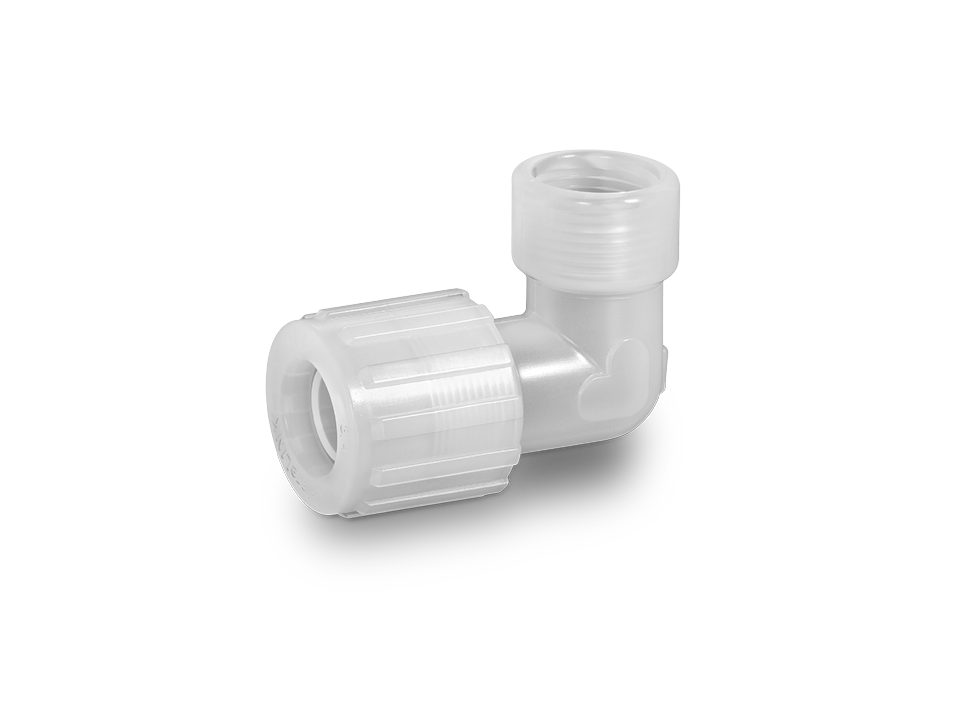 White plastic angle fitting with hose connection and female thread for high-purity applications in the pharmaceutical and biotech industries.