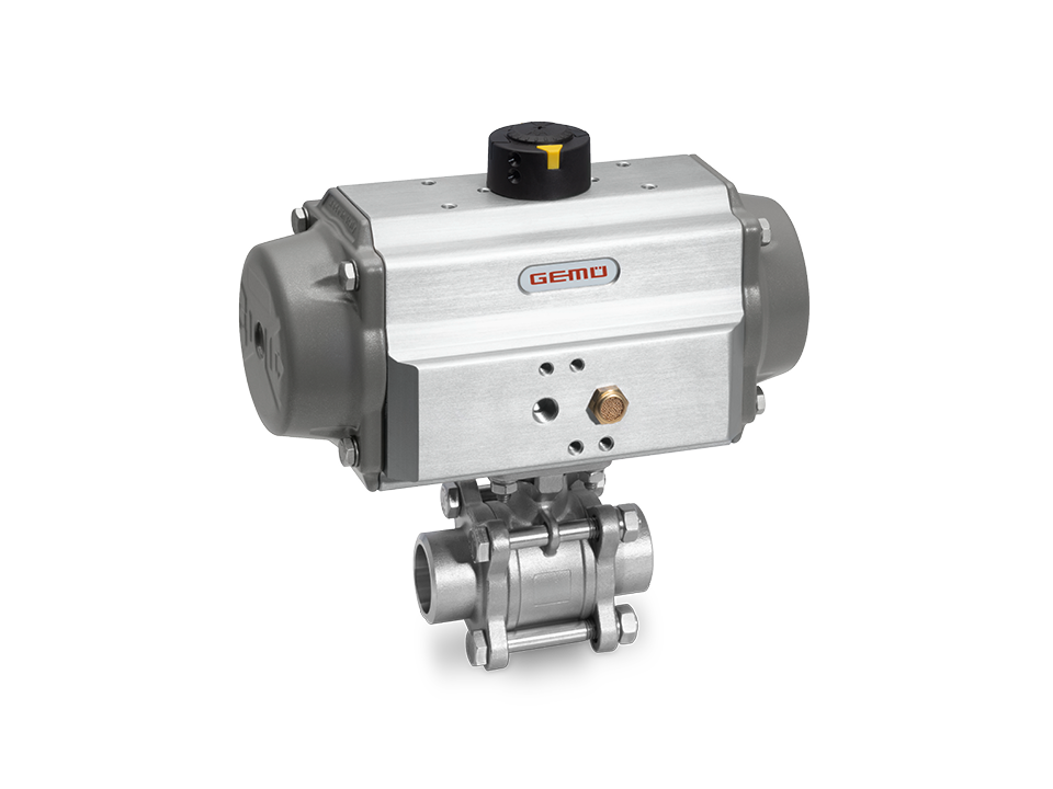 Pneumatically operated stainless steel ball valve with female thread connection and position indicator – ideal for the chemical, pharmaceutical, and food industries.