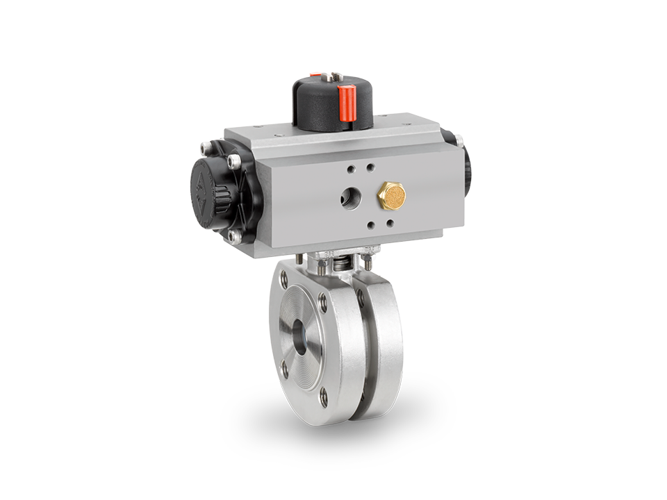 Pneumatically operated compact stainless steel ball valve with flange connection and position indicator – ideal for the chemical, pharmaceutical, and food industries.