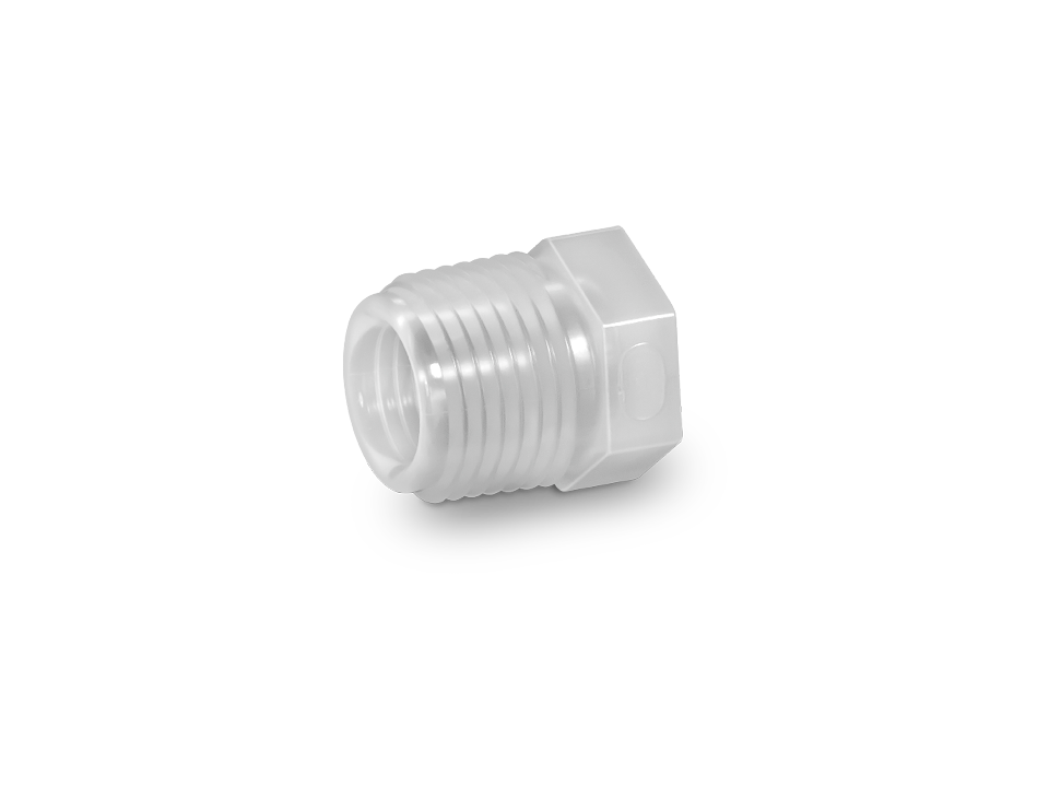 PFA threaded plug with external thread and hexagonal head for secure sealing in pure and chemically resistant systems.