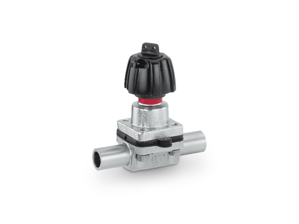 Manual diaphragm valve with stainless steel connections and black handwheel – ideal for the pharmaceutical, biotechnology, and food industries.