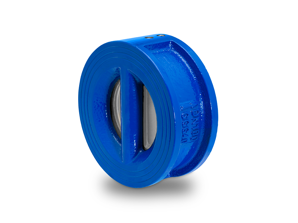 Clapet anti-retour à double battant en fonte bleue avec clapets en acier inoxydable et mécanisme à ressort central pour applications industrielles.