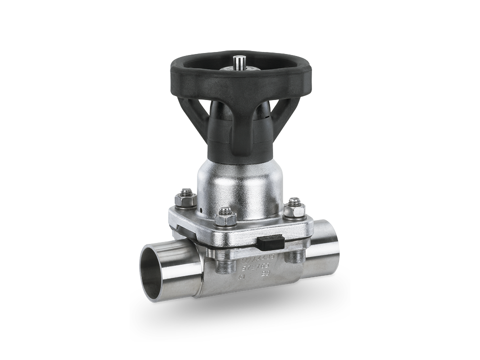 Manual stainless steel diaphragm valve with welded ends and open handwheel – ideal for the pharmaceutical, biotechnology, and food industries.