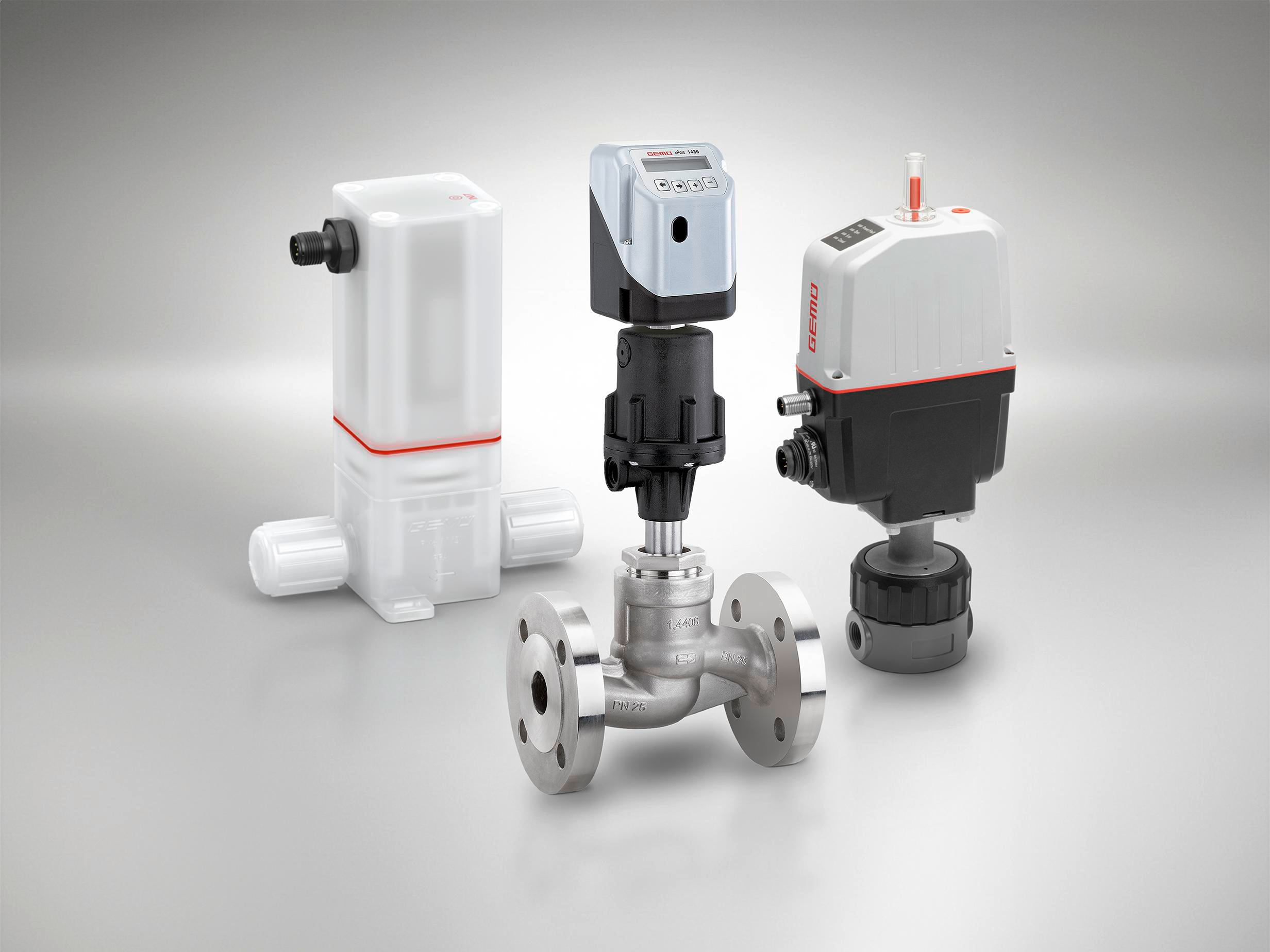 Three GEMÜ control valves with different actuator technologies.