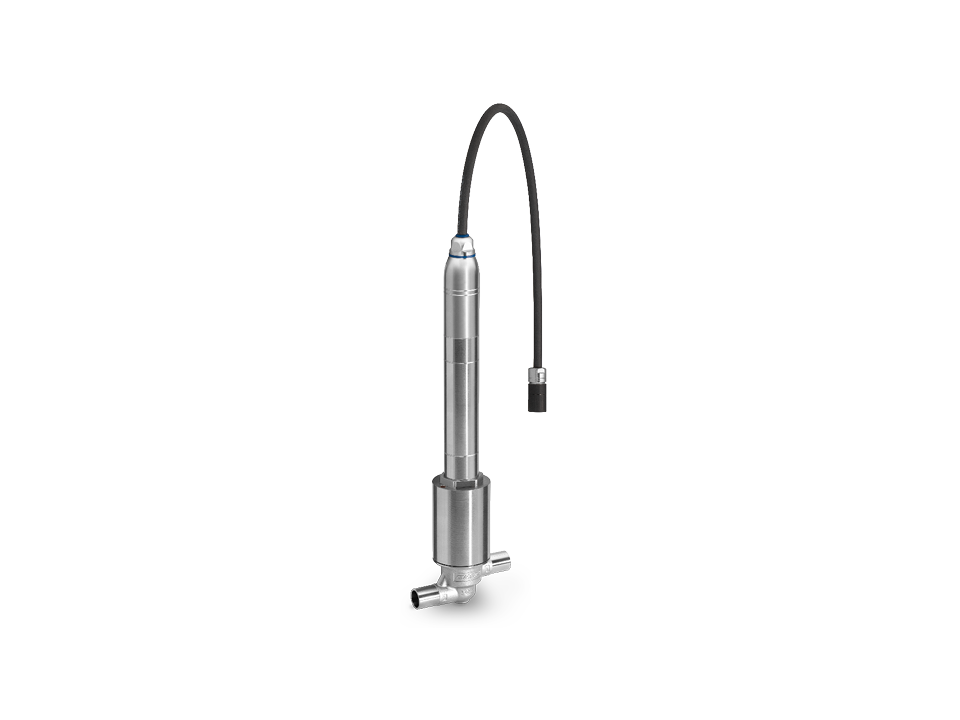 Vanne à siège à membrane à commande électrique en acier inoxydable avec unité d'entraînement compacte pour des processus de commande précis et hygiéniques.