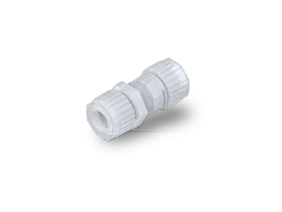 Nexus Connect T-Stück-Fitting aus PFA mit drei Anschlüssen für hochreine Rohrverbindungen.