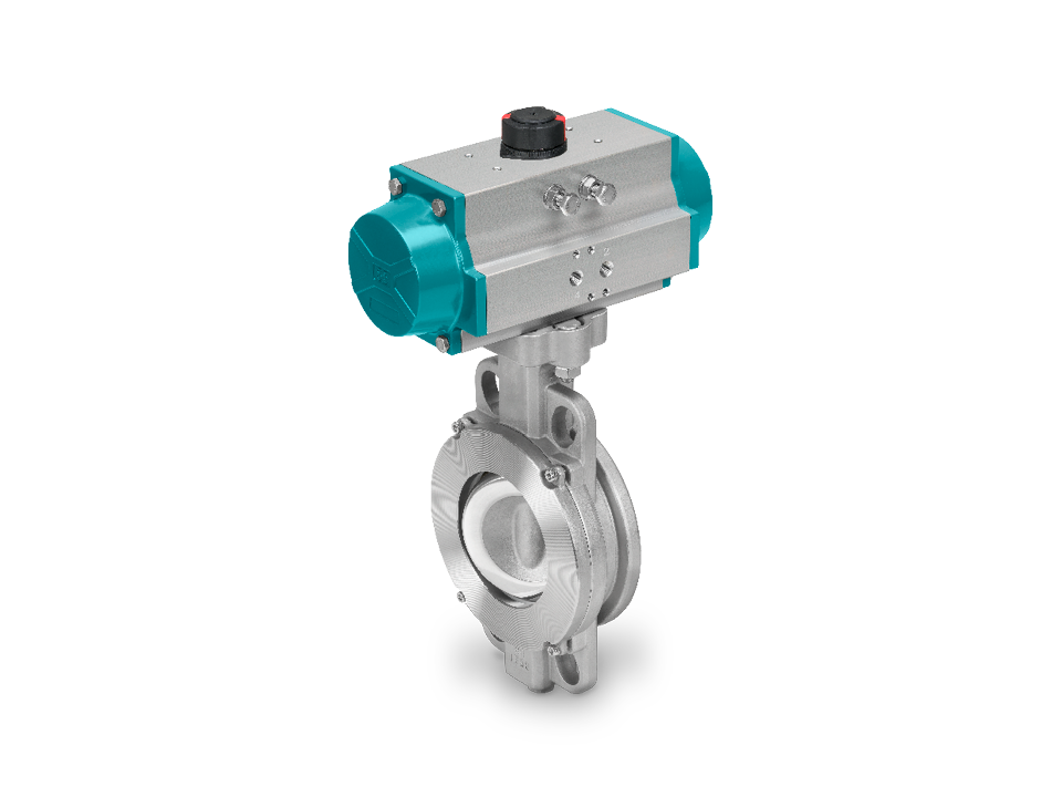 Pneumatically controlled high-performance stainless steel butterfly valve with PTFE lining and flange connection – ideal for the chemical, pharmaceutical, and food industries.