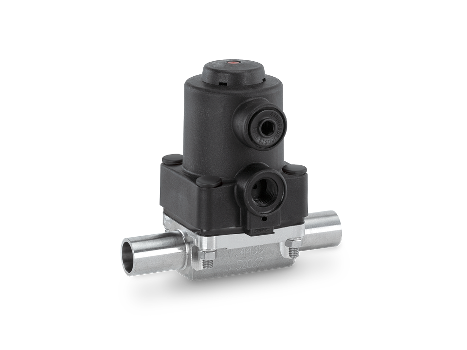 Pneumatically operated stainless steel diaphragm valve with weld ends – ideal for the pharmaceutical, biotechnology, and food industries.