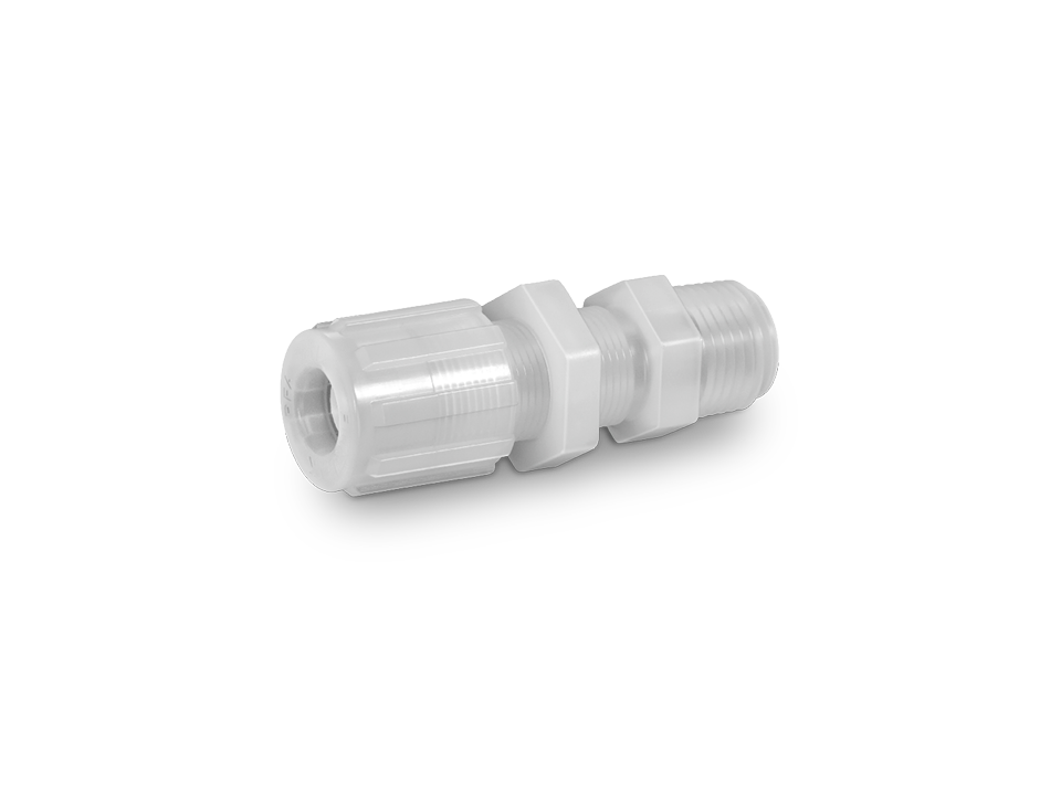 White plastic hose fitting with external thread and union nut for secure hose connection in industrial applications.