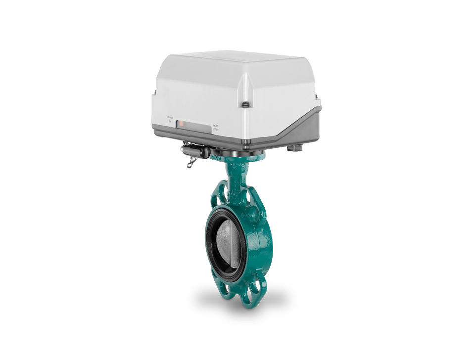 Válvula borboleta operada eletricamente com disco de aço inoxidável, vedação elástica e conexão de flange - ideal para tratamento de água, indústria química e automação industrial.