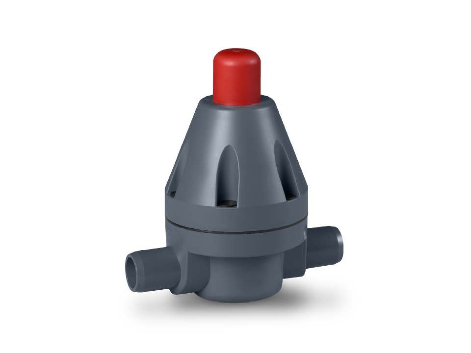 Válvula de controle de pressão de plástico compacta com regulador vermelho para controle preciso da pressão em aplicações industriais.