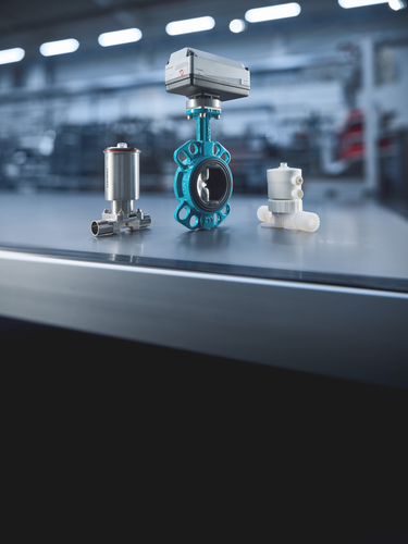 GEMÜ product range for valve technology with plastic valve, stainless steel diaphragm valve and automated butterfly valve.