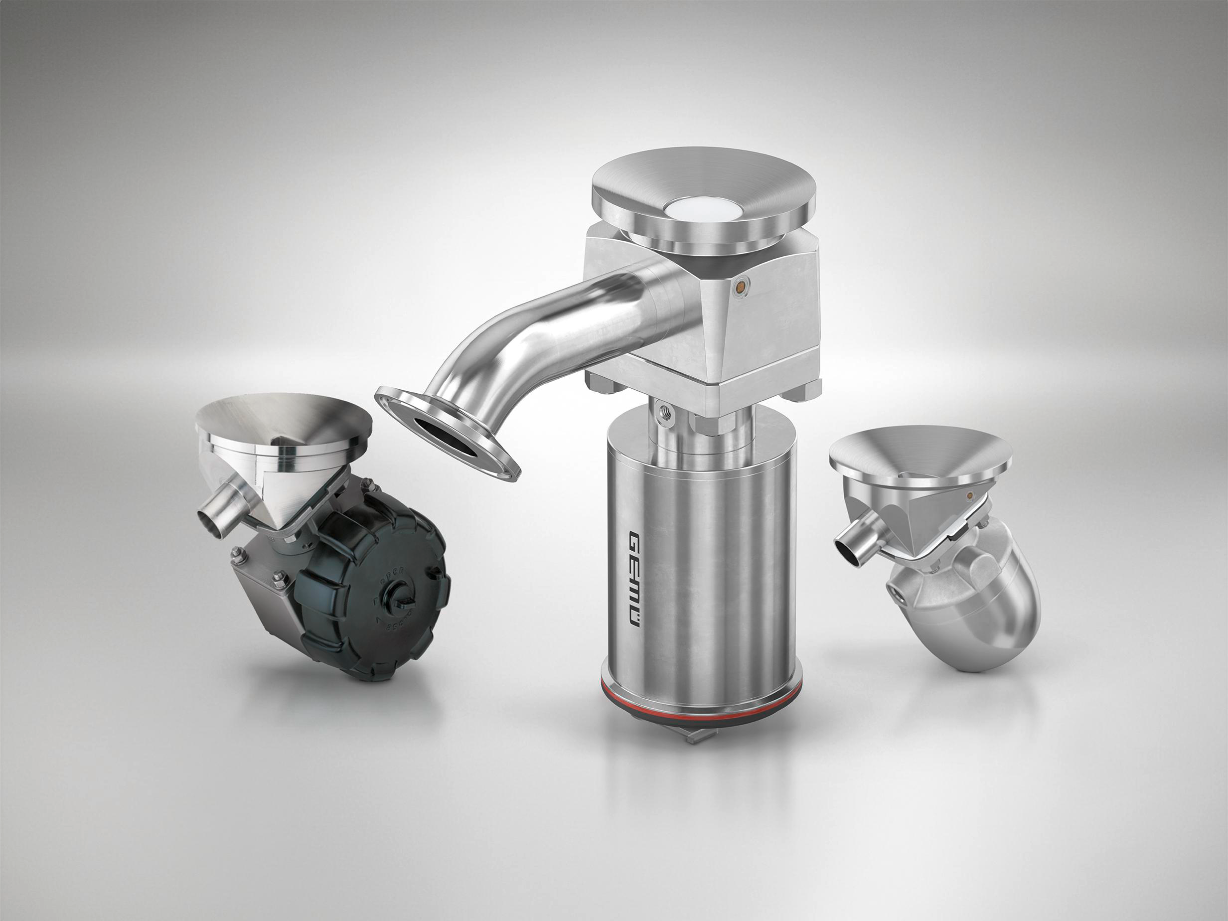 Three GEMÜ tank valves for tank bottom and process connections.