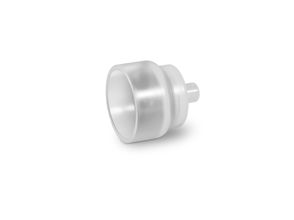 Funnel-shaped plastic fitting with smooth surface and connection spigot for sterile media transport in pharmaceutical and biotechnology applications.