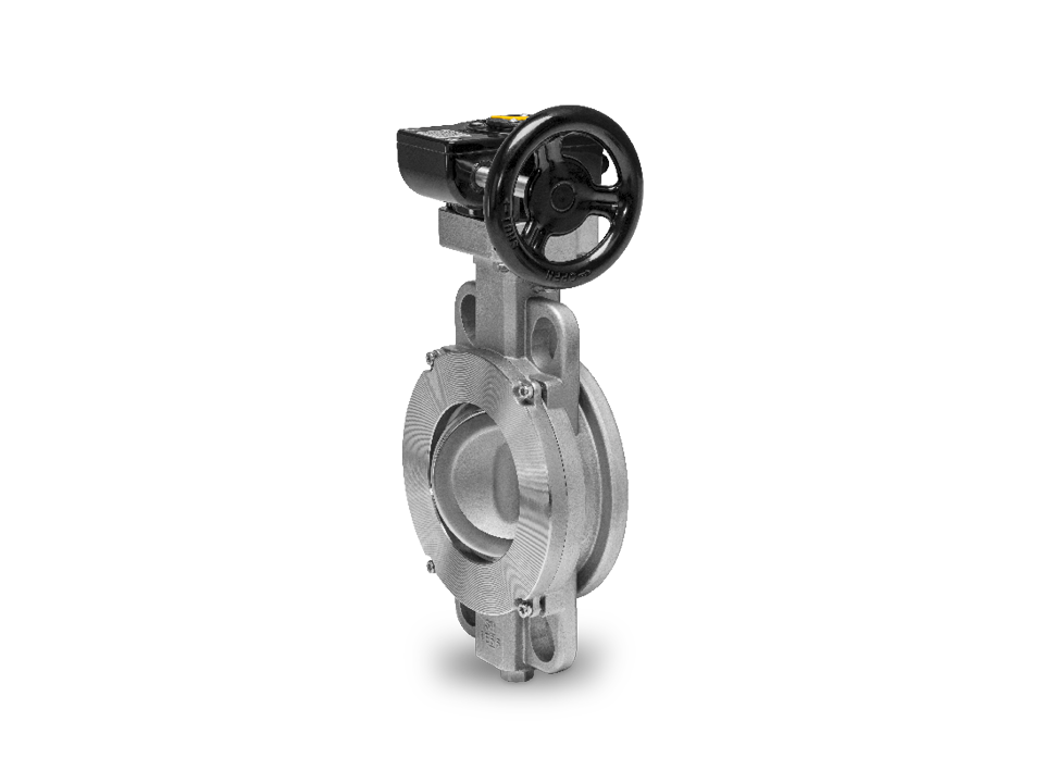 Manual high-performance stainless steel butterfly valve with PTFE lining, gear drive, and flange connection – ideal for the chemical, pharmaceutical, and food industries.