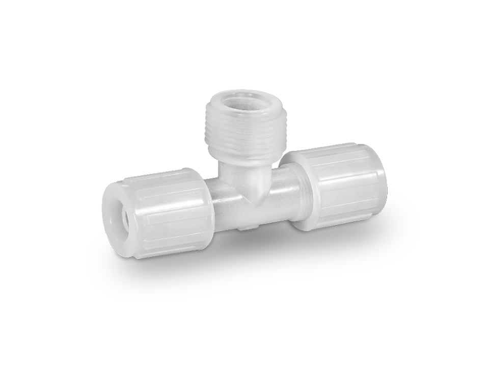 T-piece plastic fitting with two union nuts and a central external thread connection for sterile hose connections.