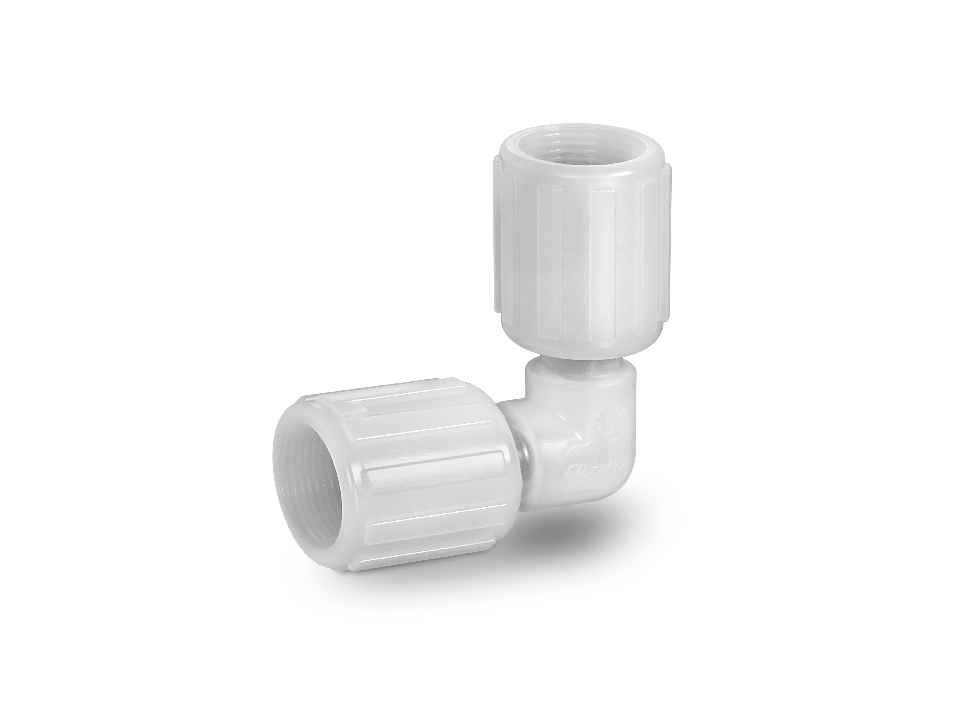 Angle fitting made of white plastic with knurled union nuts for 90-degree hose connections in industrial applications.