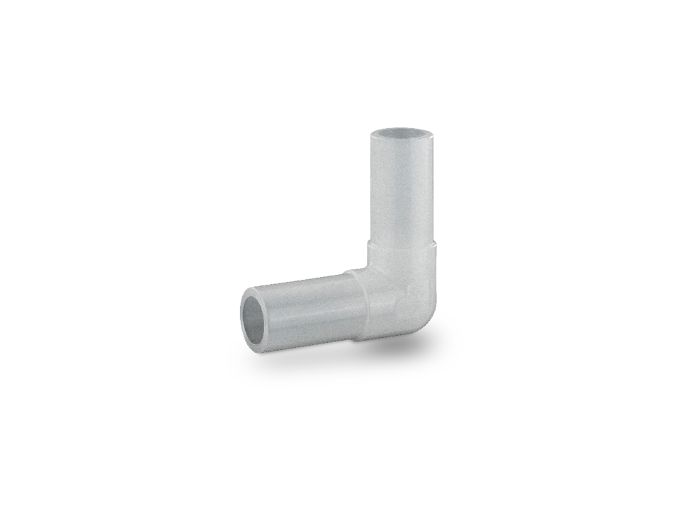 Angle fitting made of white plastic with two smooth pipe connections for 90-degree diversions in industrial applications.,Angle fitting made of white plastic with two smooth pipe connections for 90-degree diversions in industrial applications.