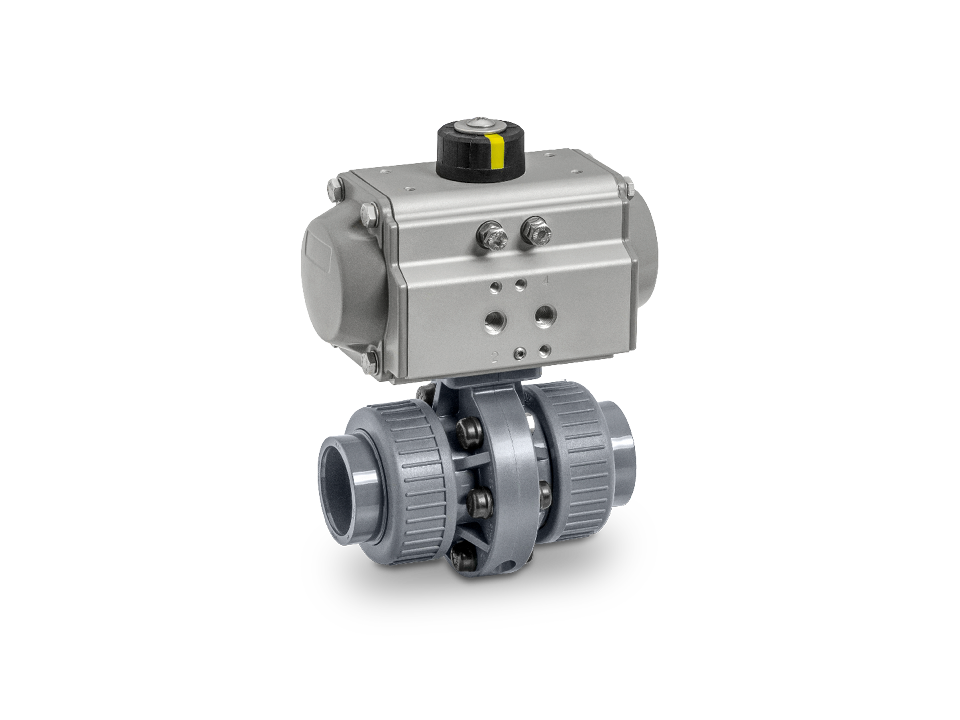 Absperrklappe mit pneumatischem Antrieb aus Metall und Kunststoff, mit Überwurfmuttern – ideal für industrielle Anwendungen in Wasseraufbereitung, Chemie und Prozessautomation.,Absperrklappe mit pneumatischem Antrieb aus Metall und Kunststoff, mit Überwur