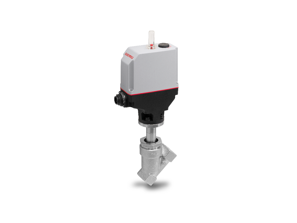 GEMÜ angle seat valve with electric actuator and robust stainless steel body for precise flow control in industrial applications. With integrated position indicator.,GEMÜ angle seat valve with electric actuator and robust stainless steel body for precise 