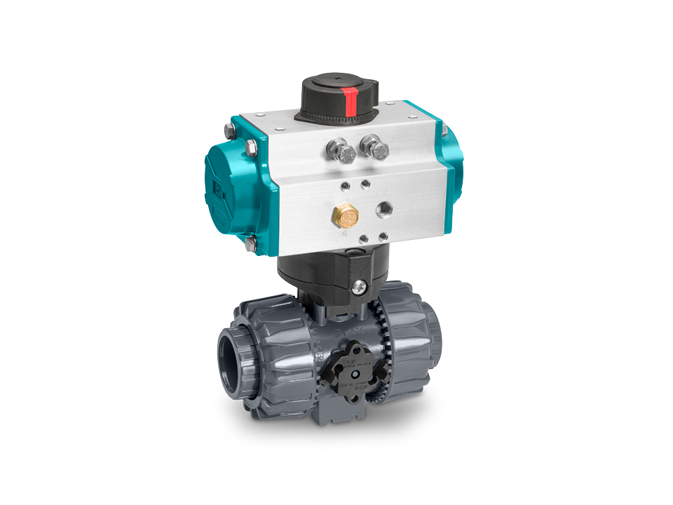 Pneumatischer Kugelhahn mit Positionsanzeige und Kunststoffventil – ideal für Wasseraufbereitung, Chemie- und Verfahrenstechnik.