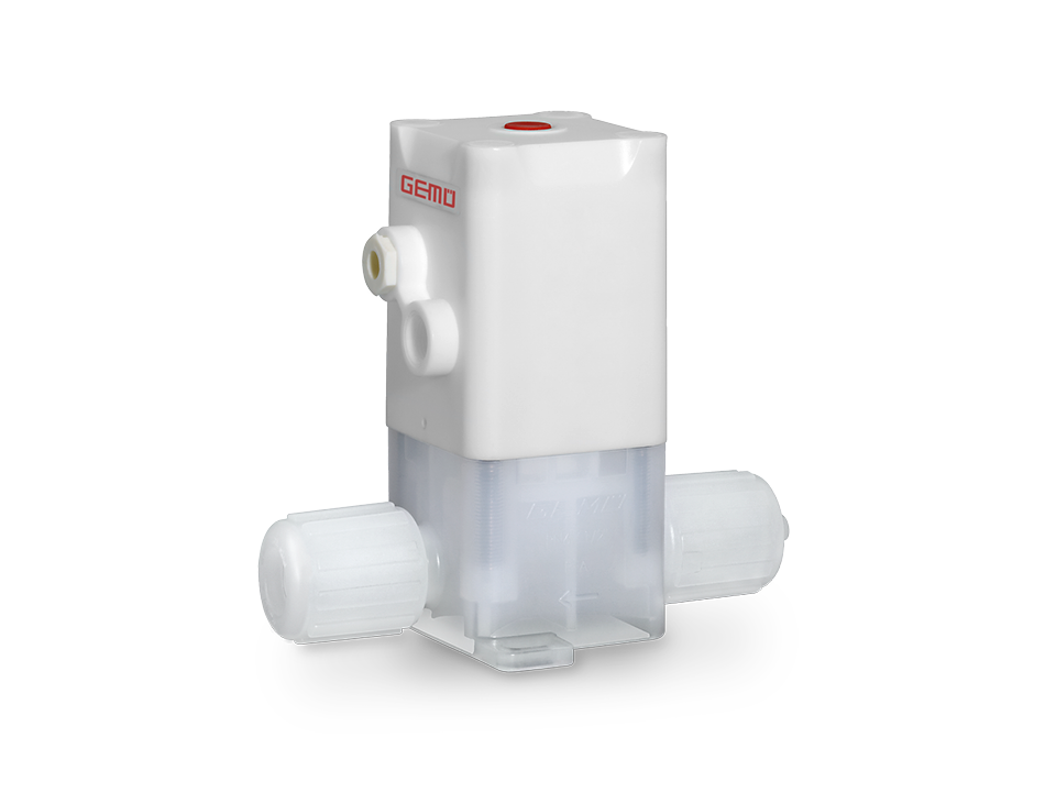 Pneumatically operated diaphragm seat valve made of plastic for high-purity and corrosive media in the semiconductor and chemical industries.
