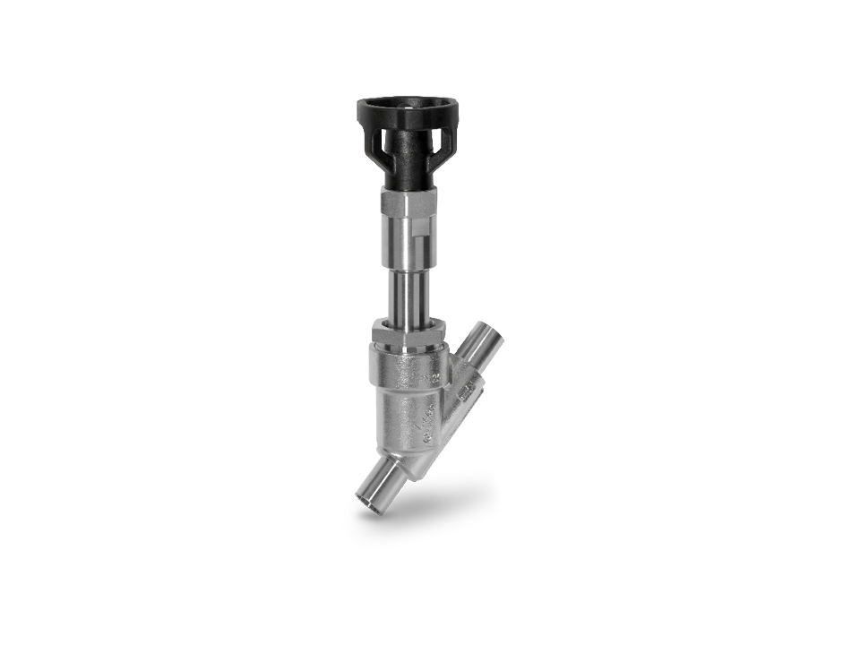 Válvula de assento angular manual feita de aço inoxidável com extremidades soldadas e manopla ergonômica - ideal para aplicações industriais com alto controle de fluxo e requisitos de durabilidade.