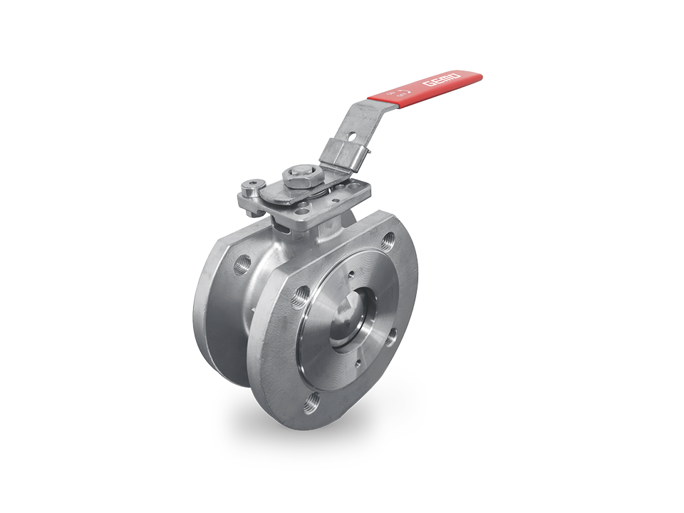 Manual compact stainless steel ball valve with flange connection and red hand lever – ideal for the chemical, pharmaceutical, and food industries.