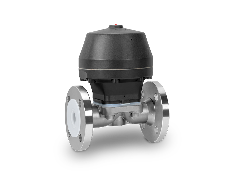 Pneumatically operated diaphragm valve with flange connections, stainless steel housing and PTFE lining – ideal for the chemical, pharmaceutical and food industries.