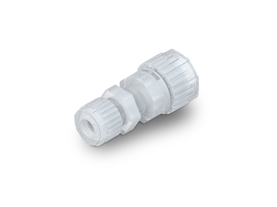 Nexus Connect 90-degree angle fitting made of PFA with two screw connections for high-purity pipe connections.