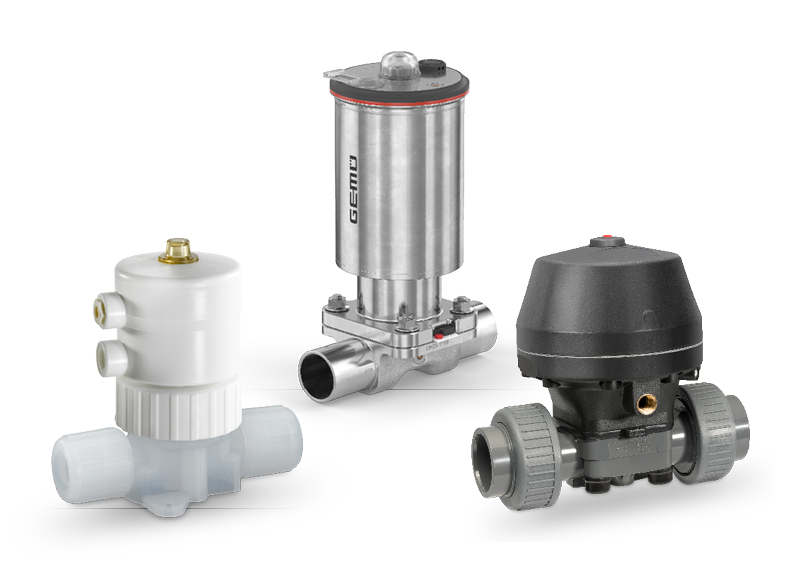 Three different GEMÜ diaphragm valves for industrial applications.