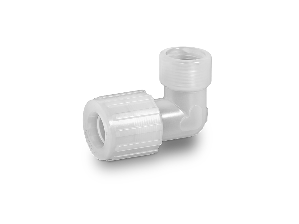 White plastic angle fitting with hose connection and female thread for high-purity applications in the pharmaceutical and biotech industries.