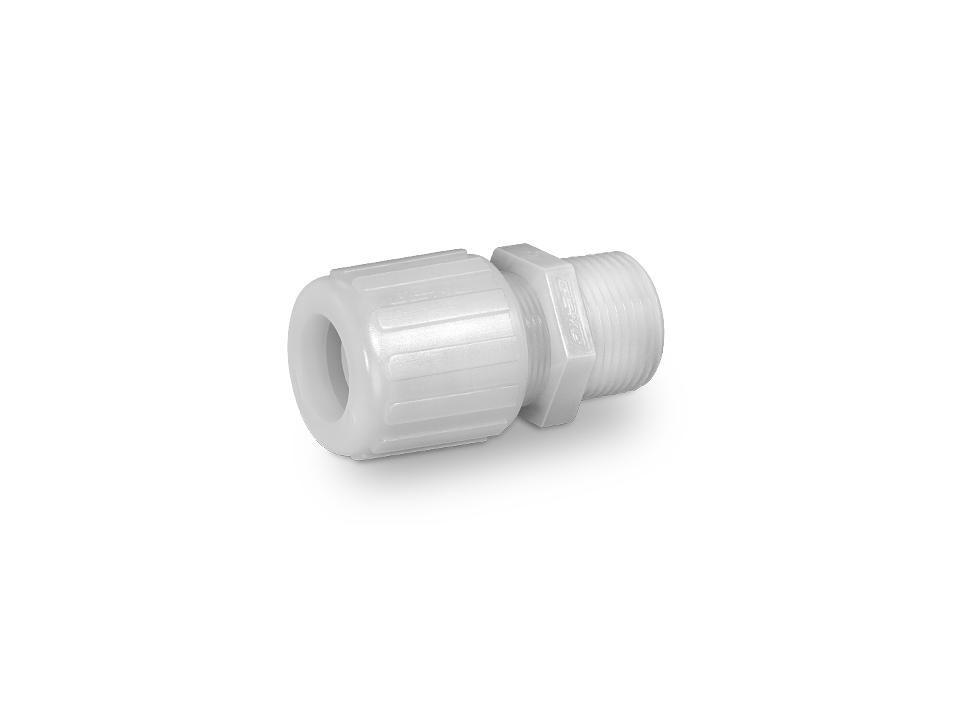 Straight hose fitting with union nut and external thread made of white plastic for sterile and chemical applications.