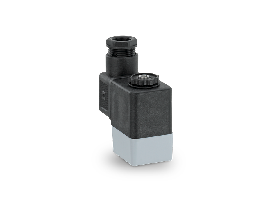 Compact pilot valve with electrical connection and robust housing for controlling industrial drives.
