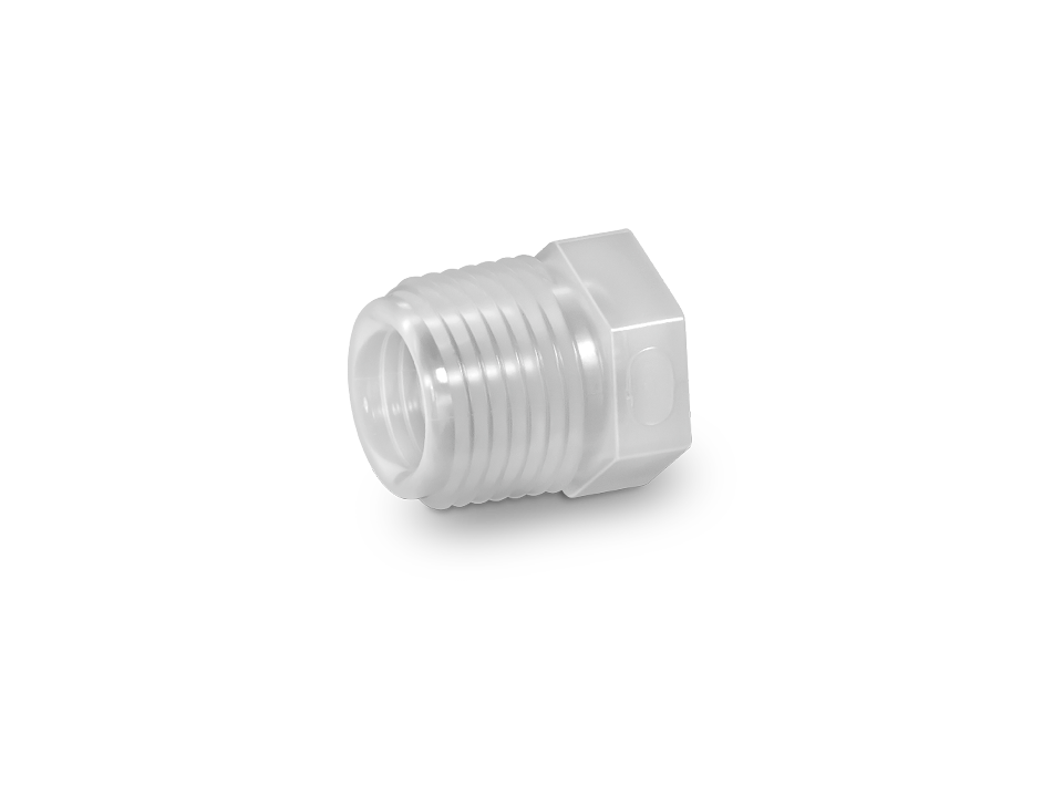 PFA threaded plug with external thread and hexagonal head for secure sealing in pure and chemically resistant systems.