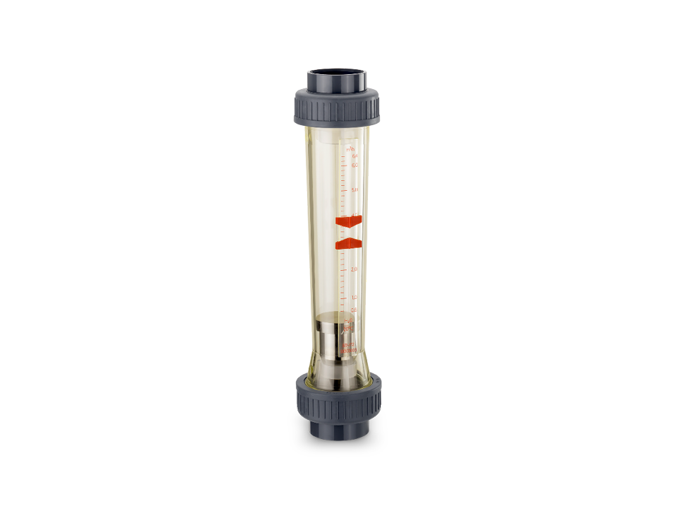 Flow meter with transparent housing, red scale and metal float for precise measurement of liquid flows in industrial applications.