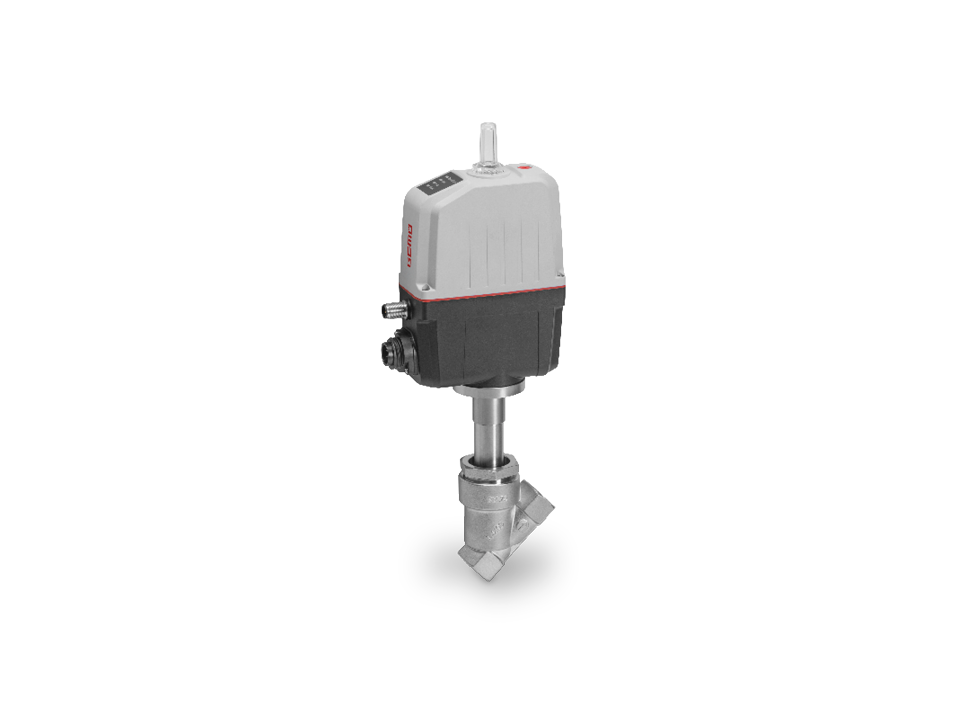 Electrically operated GEMÜ stainless steel angle seat valve with compact actuator for precise control of liquids and gases in industrial applications.