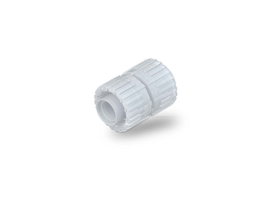 Compact angle connector made of PFA with Nexus Connect SpaceSaver connection for precise media guidance in cleanroom systems.