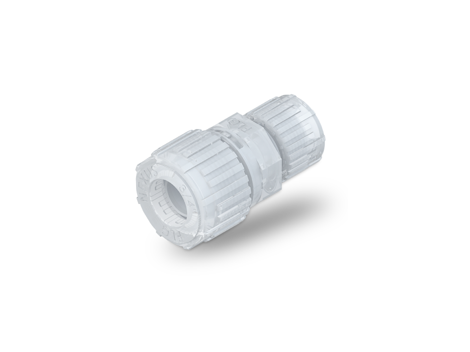Straight fitting made of PFA with Nexus Connect connection for leak-free pipe connections in cleanroom applications.