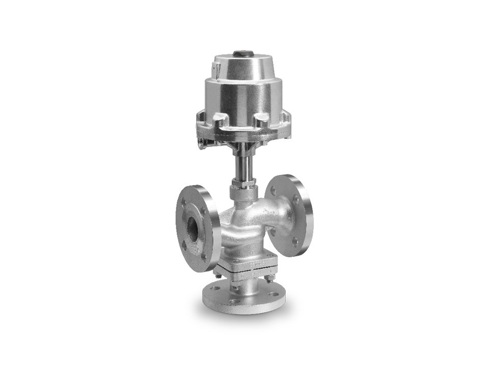 GEMÜ stainless steel globe valve with flange connections and pneumatic actuator for demanding industrial applications in fluid control.
