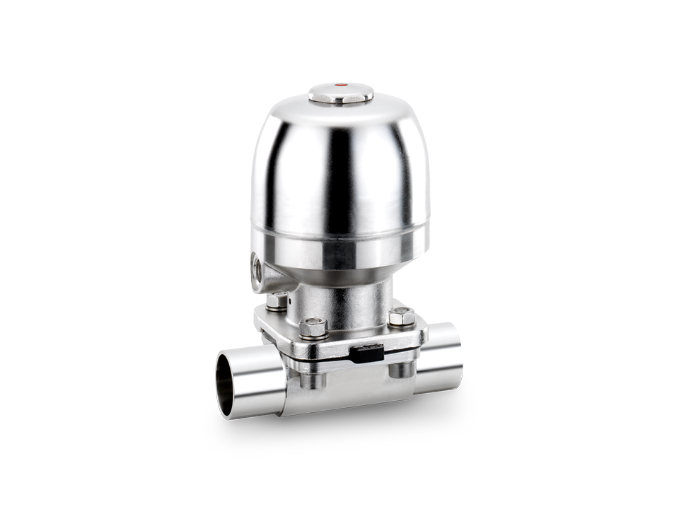 Pneumatically operated diaphragm valve made of stainless steel with aseptic pipe connection – ideal for pharmaceutical, food, and biotechnology applications.